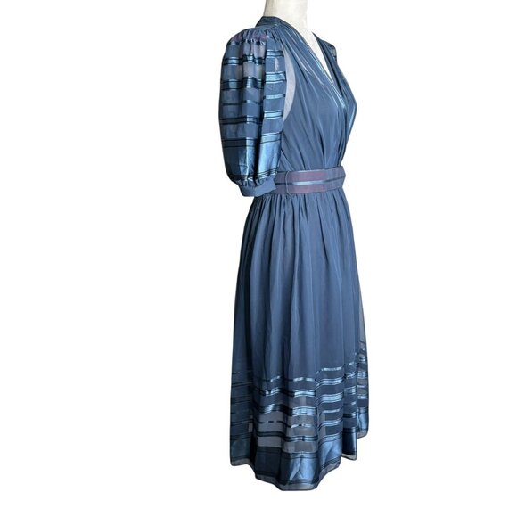 Vintage Blue Sheer Midi Dress Sz Small Metallic Striped Puff Sleeves Belted - Picture 6 of 12